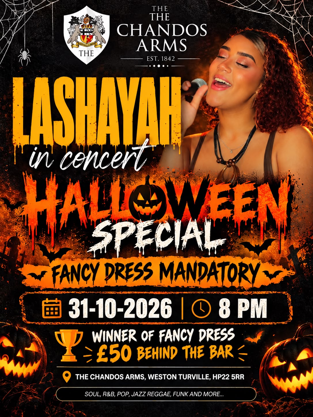 Poster for Lashayah in concert, a Halloween special at The Chandos Arms on 31 October 2026 at 8pm, fancy dress mandatory with a £50 bar prize for the best costume