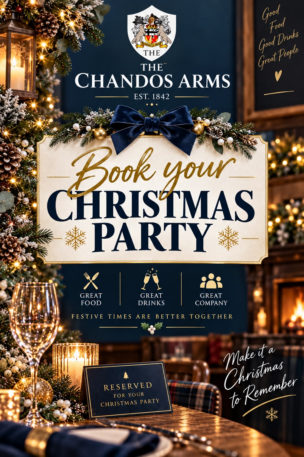 Christmas poster for The Chandos Arms inviting guests to book their Christmas party, with a festively decorated table, wine glass, candles and Christmas tree in the background