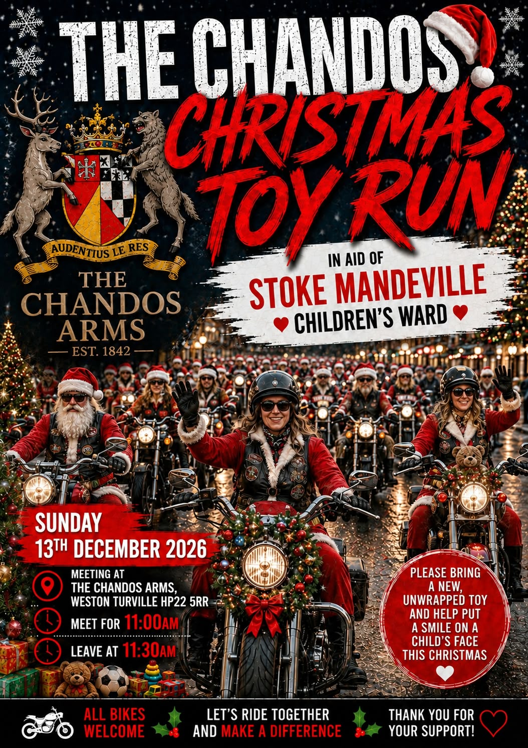 Poster for The Chandos Christmas Toy Run, Sunday 13 December 2026, meeting at The Chandos Arms 11am, showing Santa-suited motorcyclists on decorated bikes