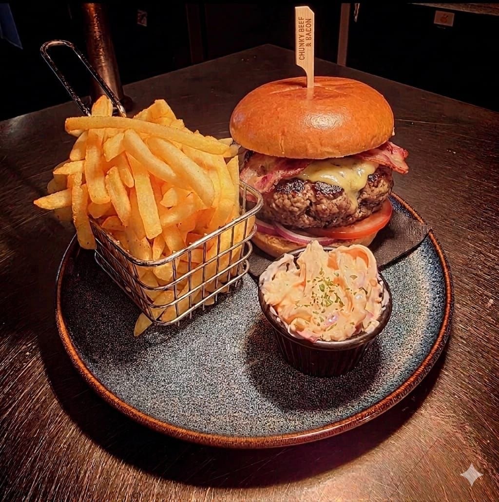 A burger in a toasted bun served with chips and coleslaw